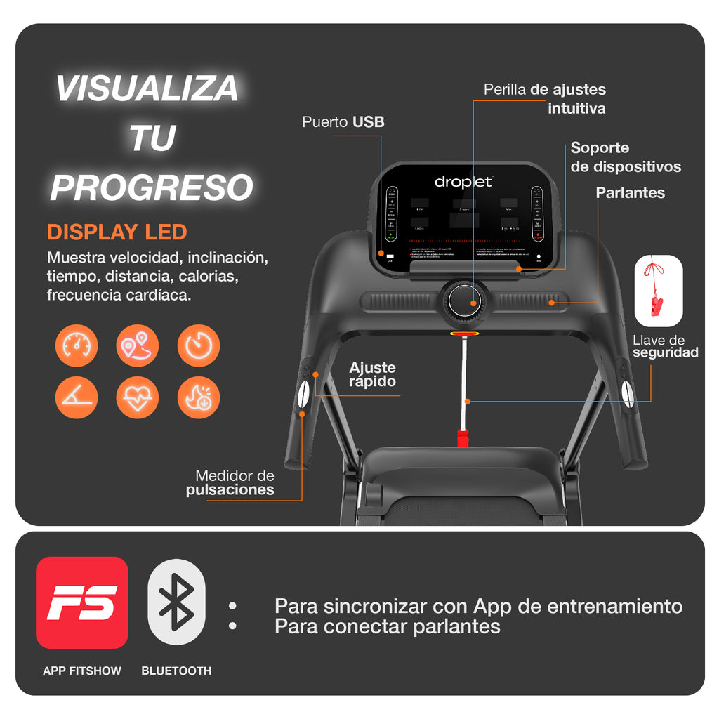 ficha técnica de caminadora rn525, con especificaciones del display y aplicaciones compatibles.