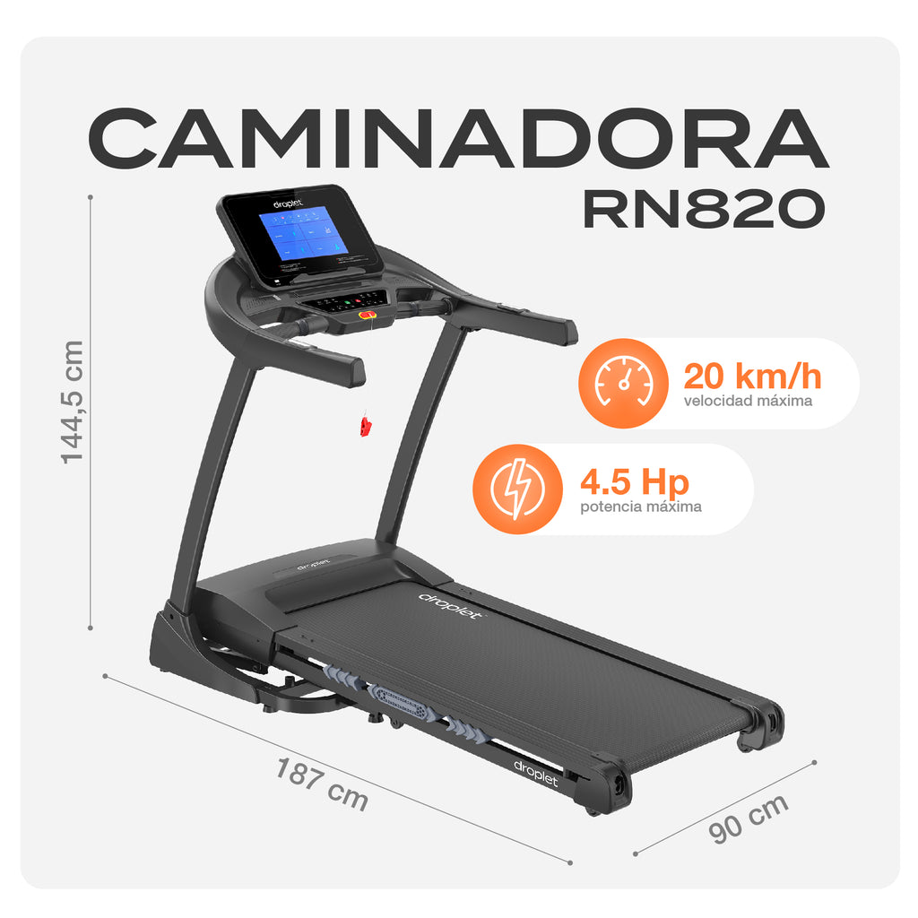ficha técnica de caminadora rn820 con velocidad máxima, potencia máxima y medidas.