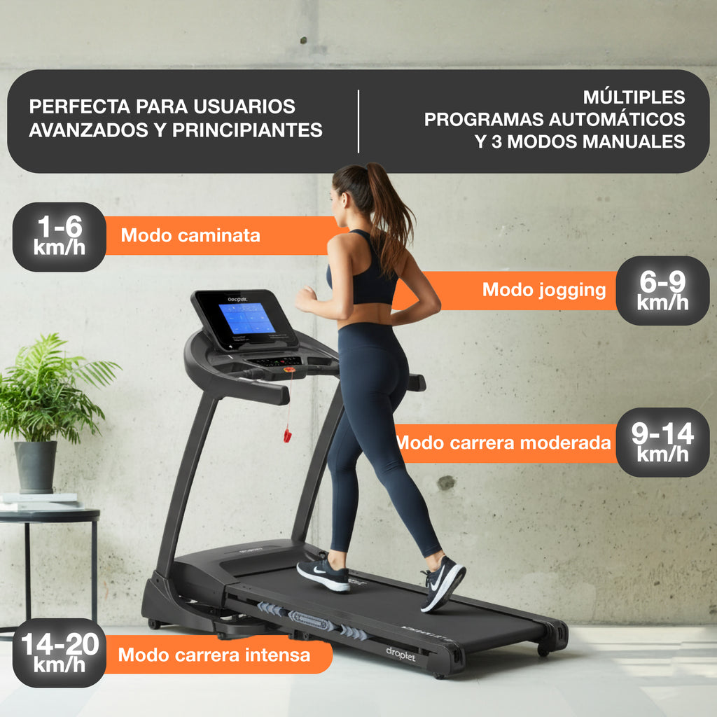 Ficha de la caminadora rn820 con descripción de modos, programas y velocidades.