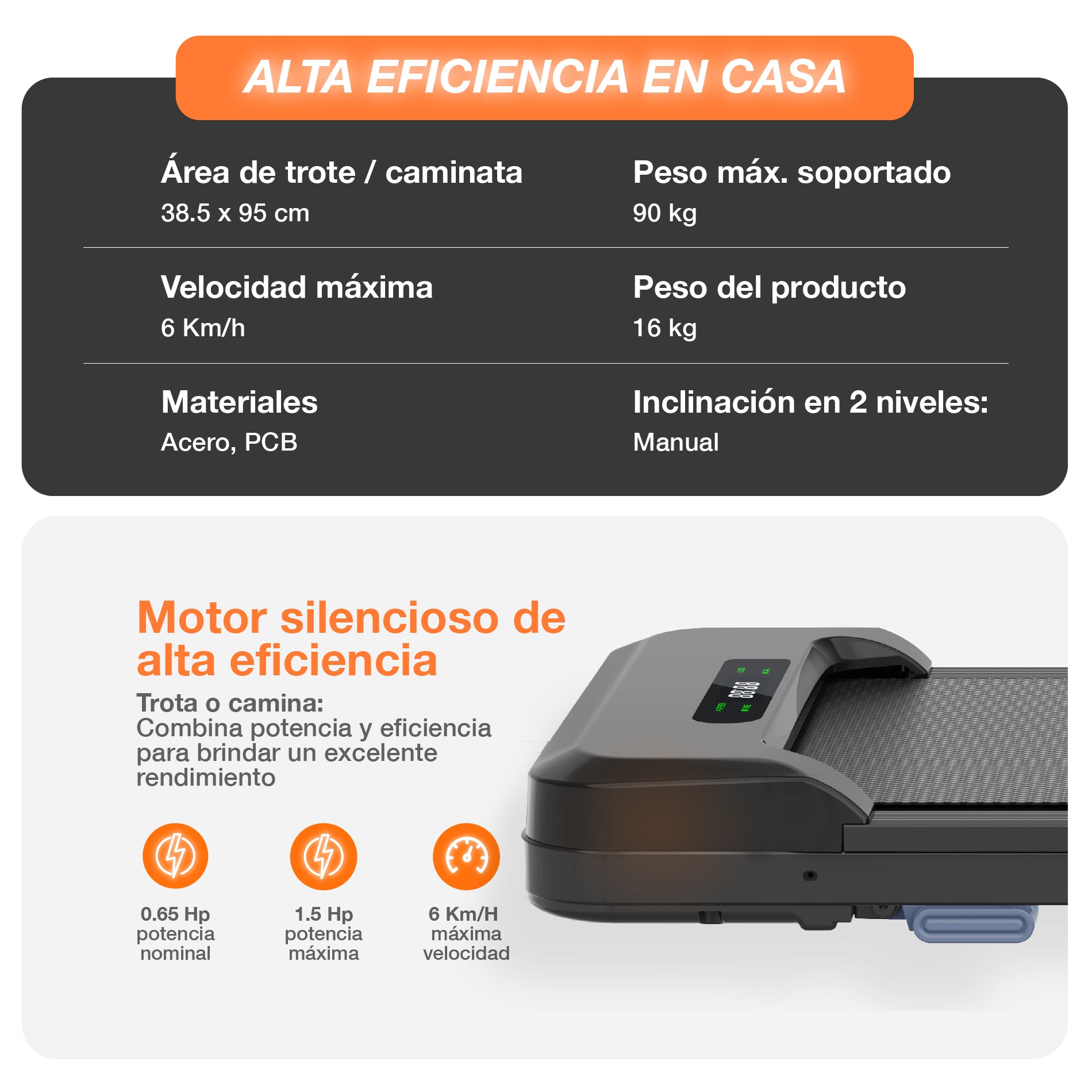 Ficha técnica de la caminadora w6 donde se expican las especificaciones de la cinta.