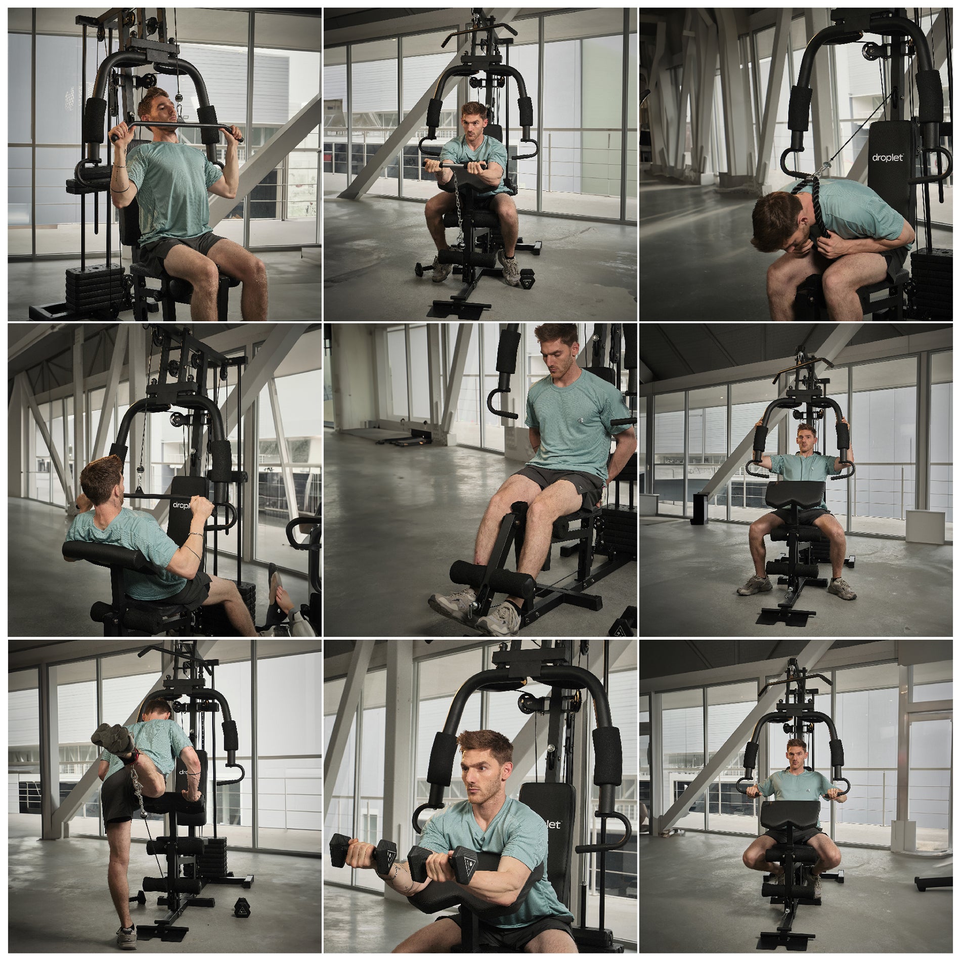 Conjunto de imagenes de ejercicios posibles con el gimnasio multifuncional hg-321.
