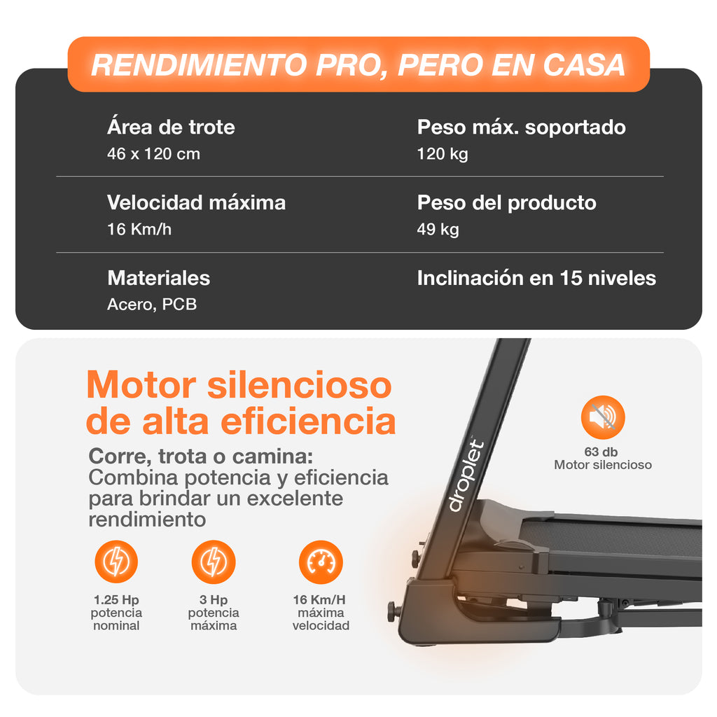 Ficha técnica de caminadora rn525, con especificaciones del motor, velocidad, peso y peso máximo.