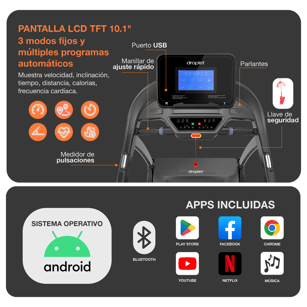 ficha técnica de caminadora rn820 que describe la pantalla, funciones del manillar y aplicaciones incluidas con el sistema operativo android.