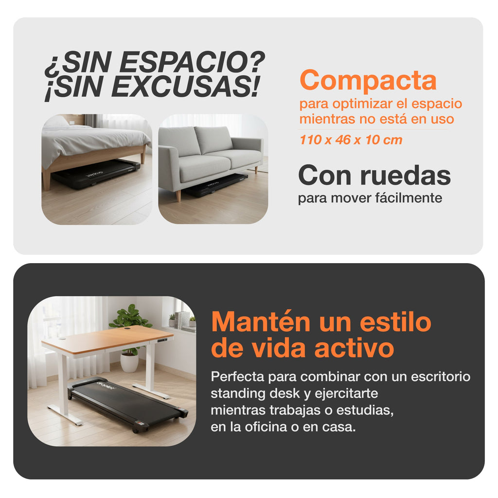 Ficha sobre la caminadora compacta, las ruedas de facil traslado y usos extra que puede tener la caminadora.