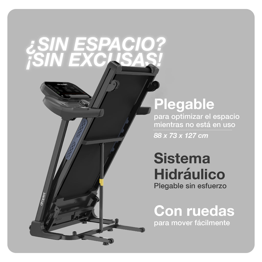 Ficha que describe plegabilidad de la caminadora rn525, sistema y que tiene ruedas para trasladarla.