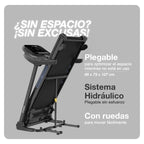 Ficha que describe plegabilidad de la caminadora rn525, sistema y que tiene ruedas para trasladarla.