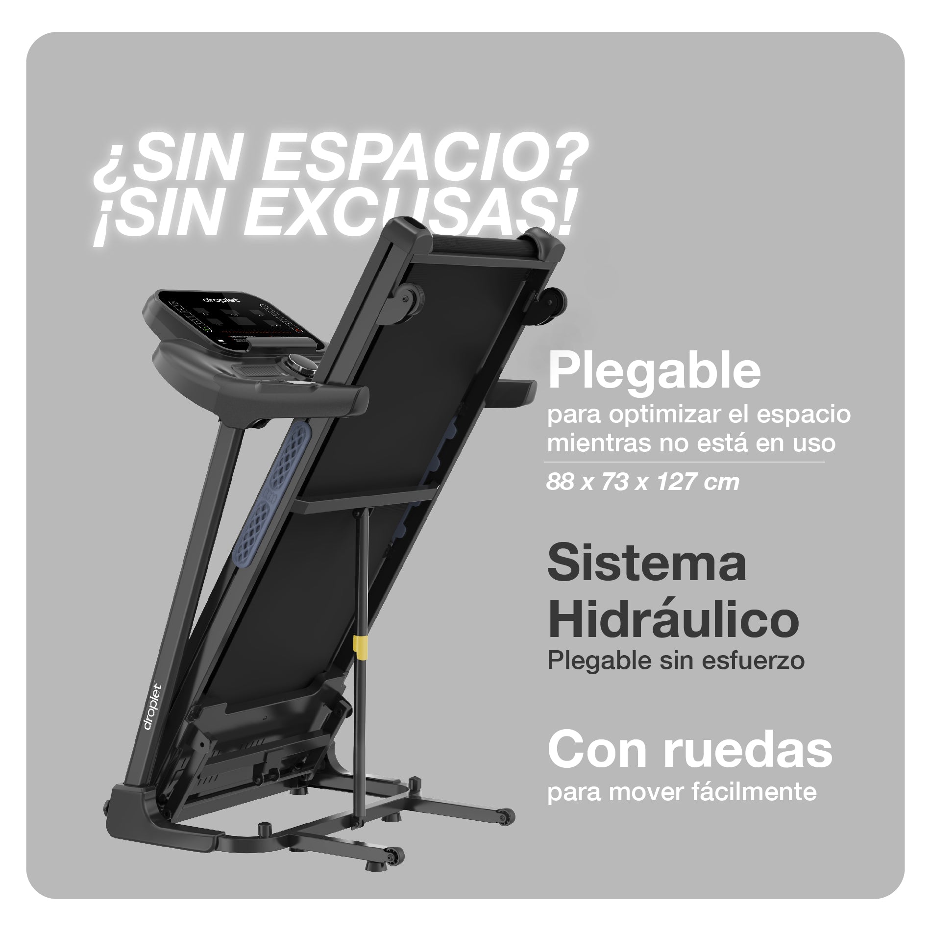 Ficha que describe plegabilidad de la caminadora rn525, sistema y que tiene ruedas para trasladarla.