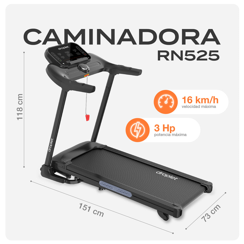 ficha descriptiva de dimensiones de la caminadora rn525, con detalle de la velocidad máxima y potencia máxima.