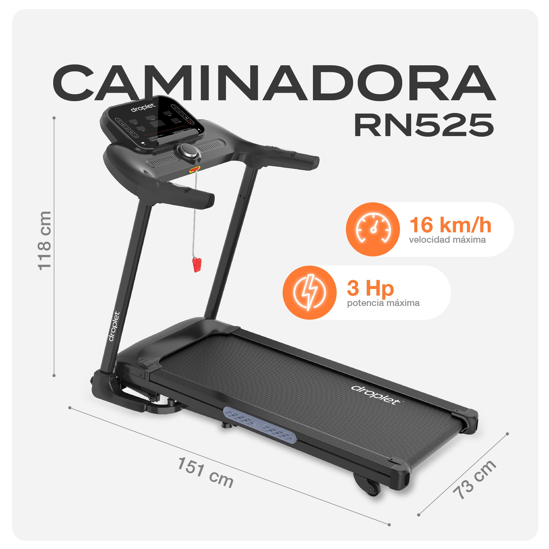 ficha descriptiva de dimensiones de la caminadora rn525, con detalle de la velocidad máxima y potencia máxima.