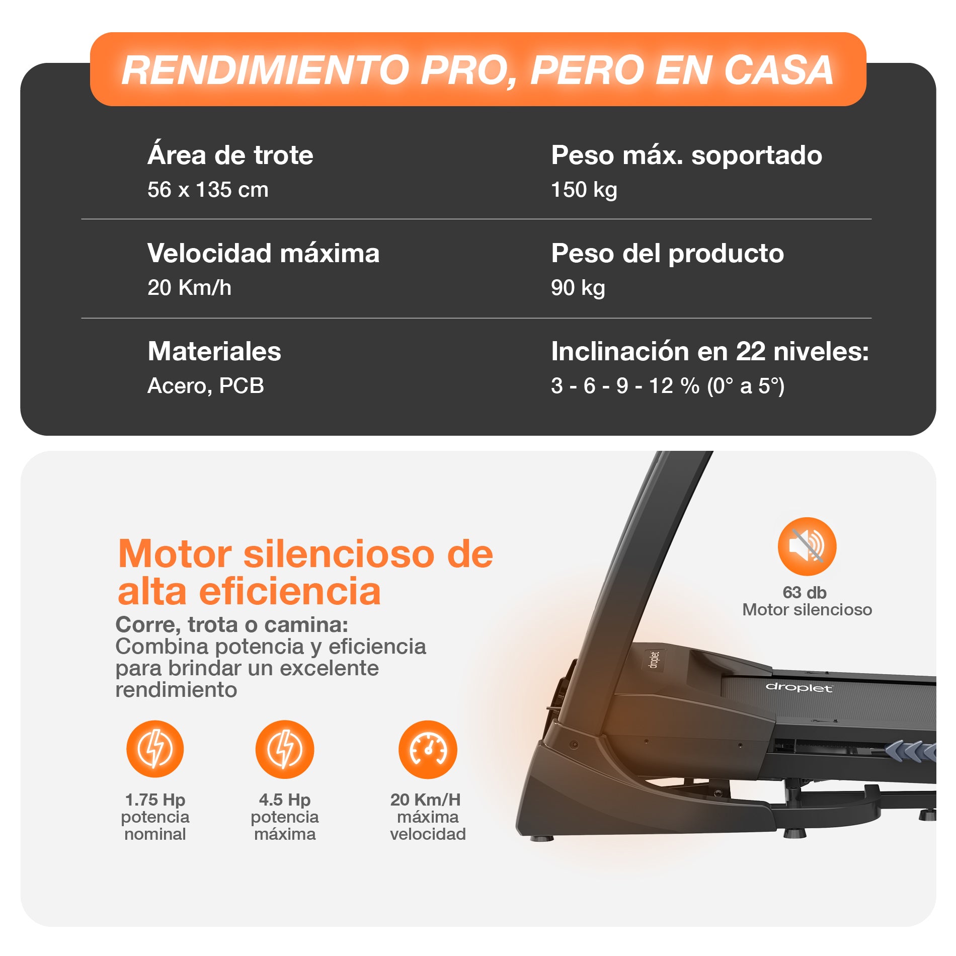 especificaciones técnicas de la caminadora rn820. 