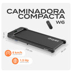 Ficha con medidas de la caminadora, velocidad máxima y potencia.
