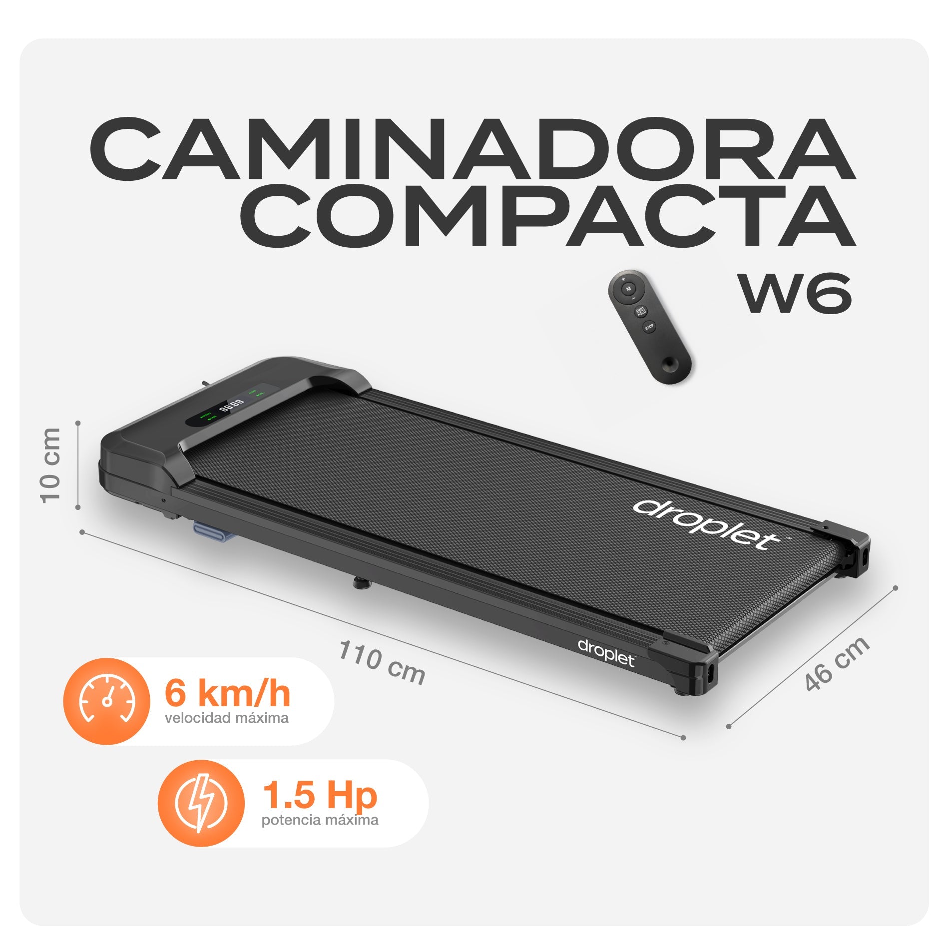 Ficha con medidas de la caminadora, velocidad máxima y potencia.