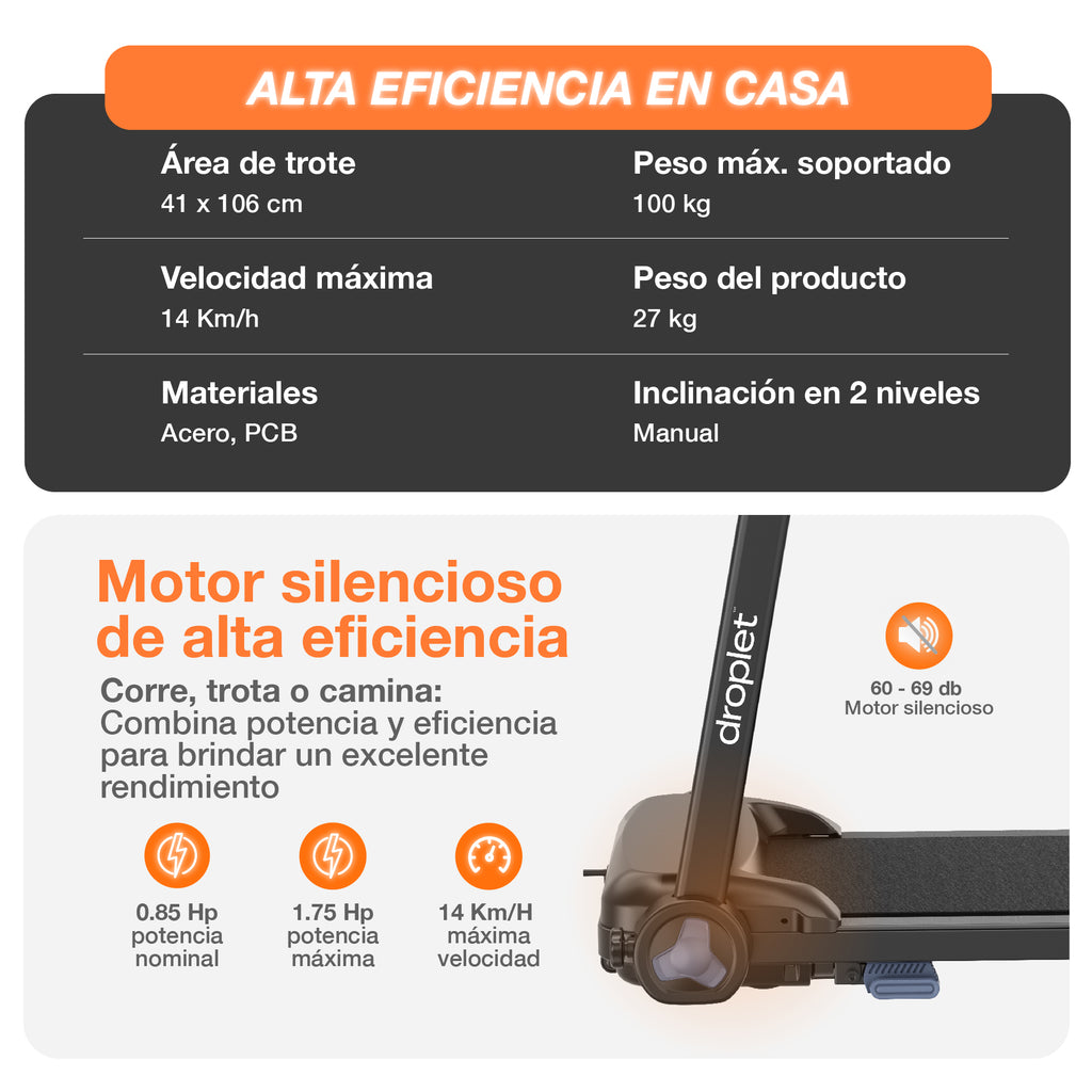 Ficha técnica de caminadora rn320 con especificaciones del motor, velocidad máxima, peso del producto y capacidad máxima.