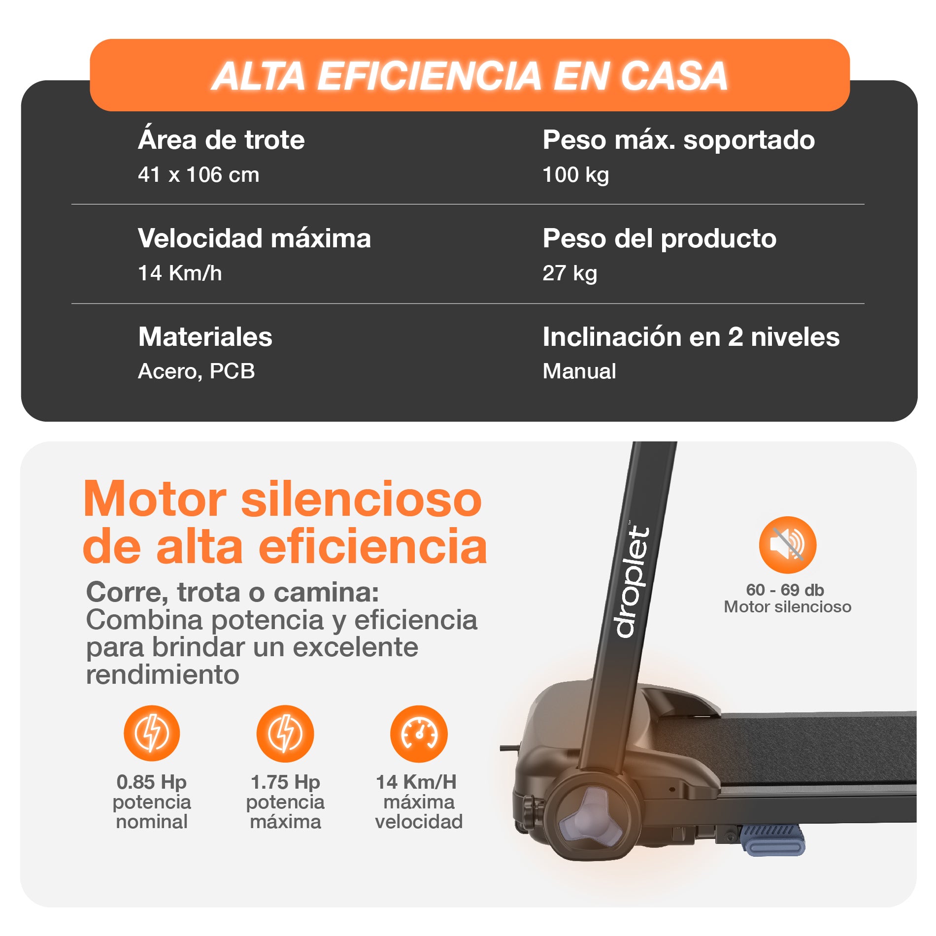 Ficha técnica de caminadora rn320 con especificaciones del motor, velocidad máxima, peso del producto y capacidad máxima.