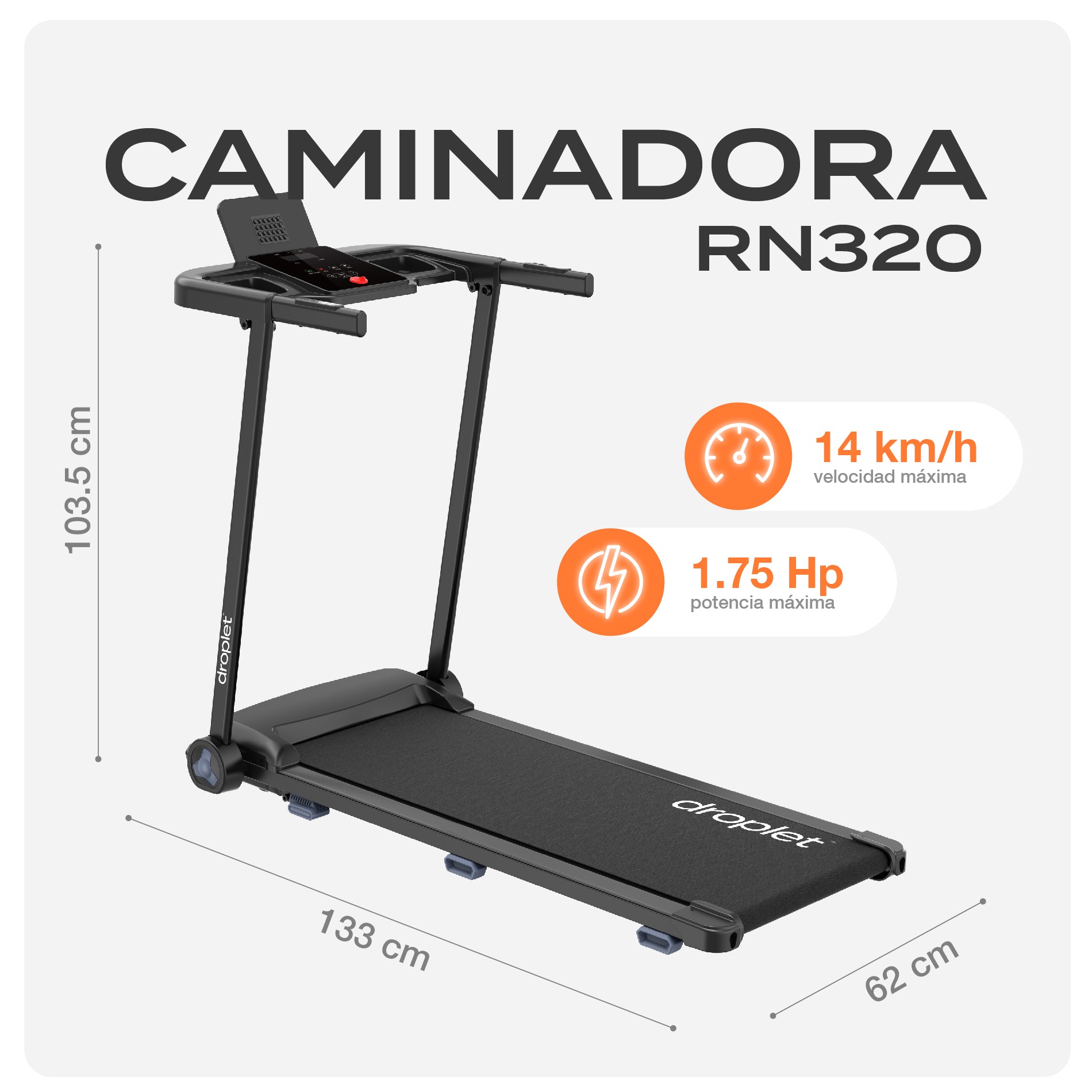 Ficha descriptiva de caminadora rn320 con sus medidas, velocidad máxima y potencia máxima.