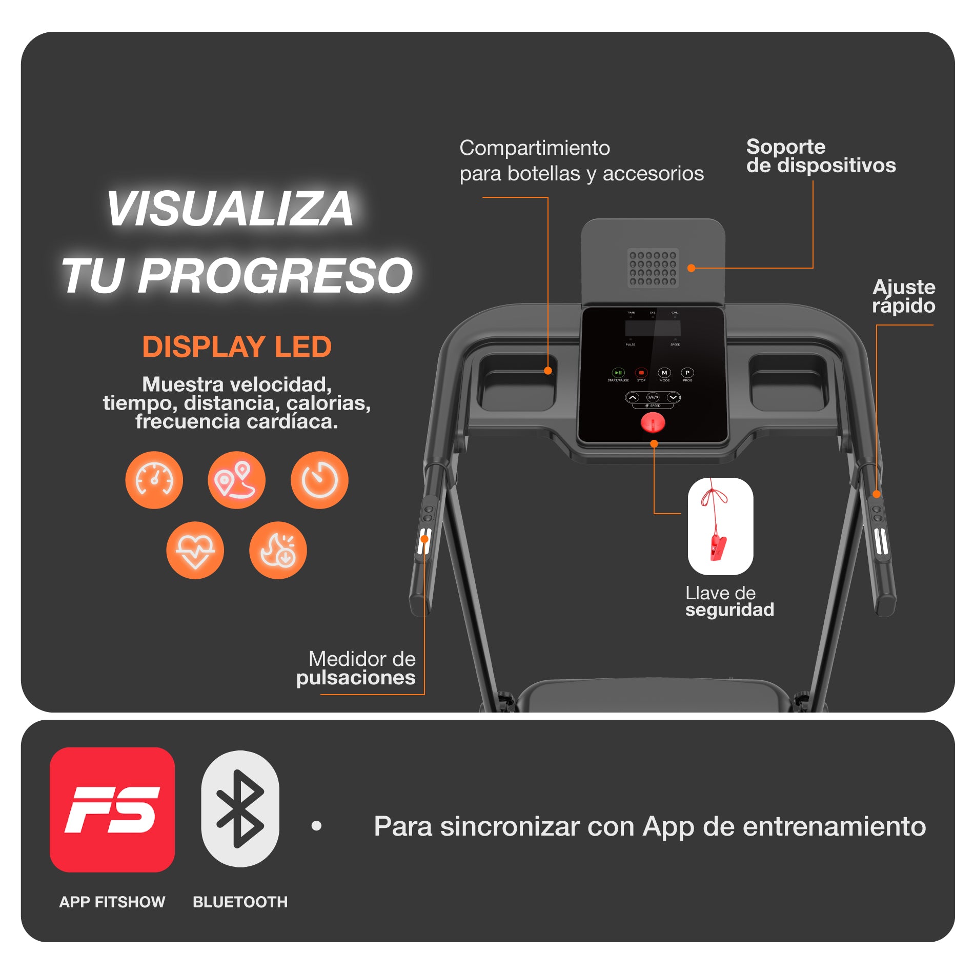 Ficha descriptiva del display y manillar de la caminadora rn320, conectividad con bluetooth y aplicaciones compatibles.