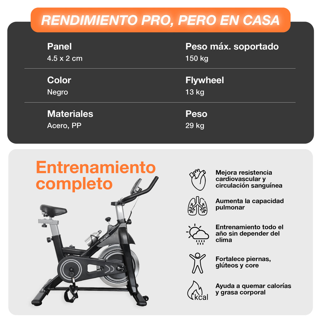 ficha técnica de bicicleta estática sp13 con peso máximo soportado, peso de flywheel y peso del producto.
