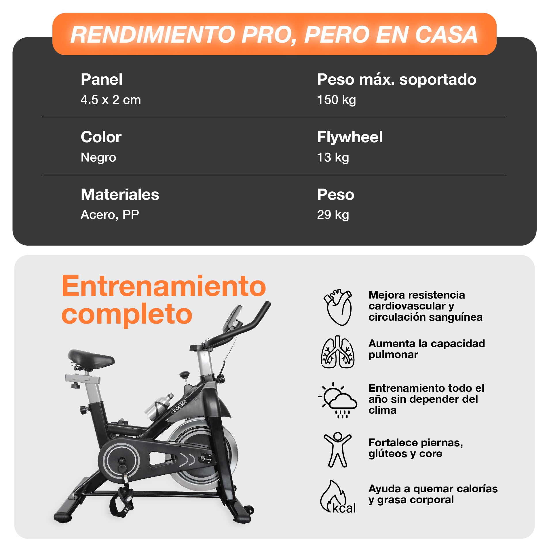 ficha técnica de bicicleta estática sp13 con peso máximo soportado, peso de flywheel y peso del producto.