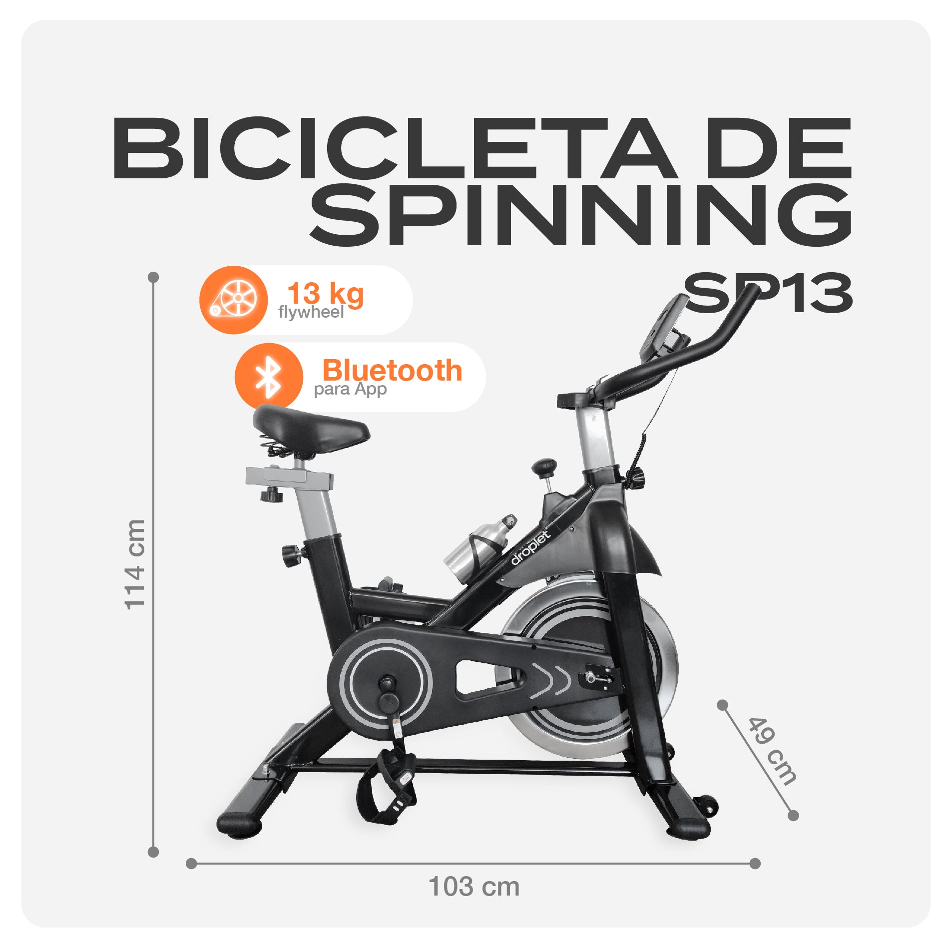 Ficha técnica de bicicleta estática sp13 con dimensiones, peso de flywheel y bluetooth.