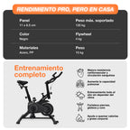 Ficha técnica de bicicleta sp4 plus con peso máximo soportado, peso de flywheel, materiales y peso del producto.