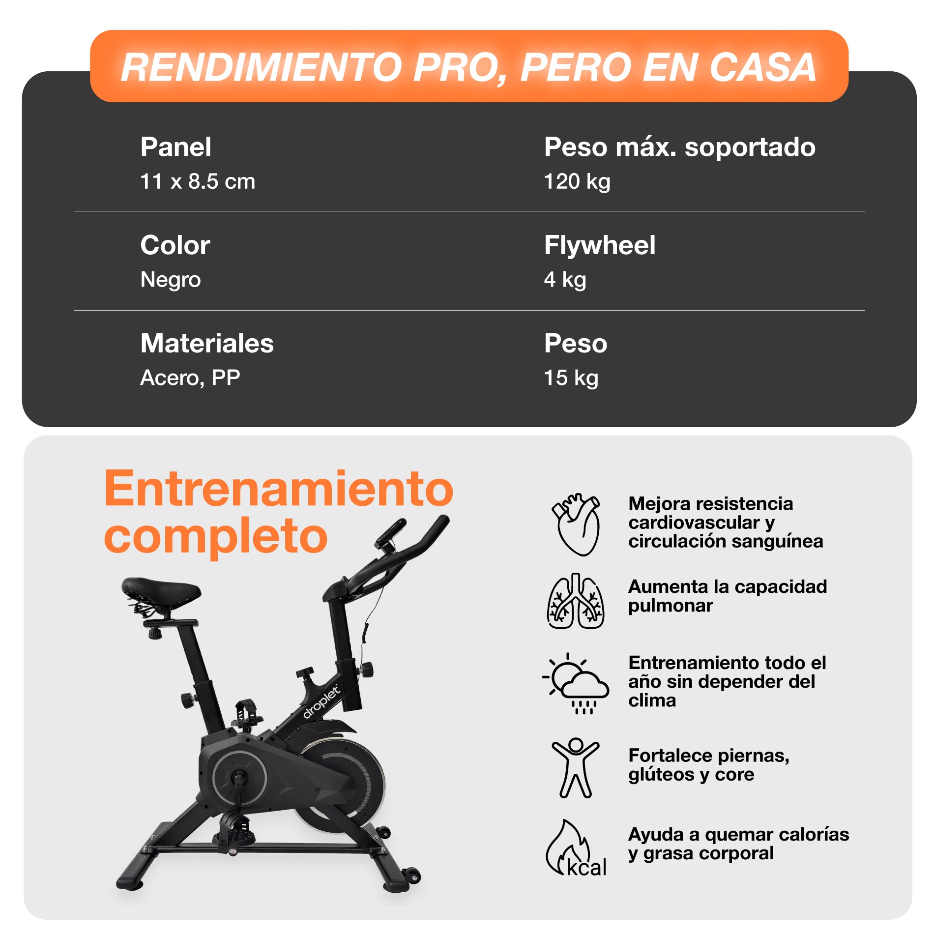Ficha técnica de bicicleta sp4 plus con peso máximo soportado, peso de flywheel, materiales y peso del producto.