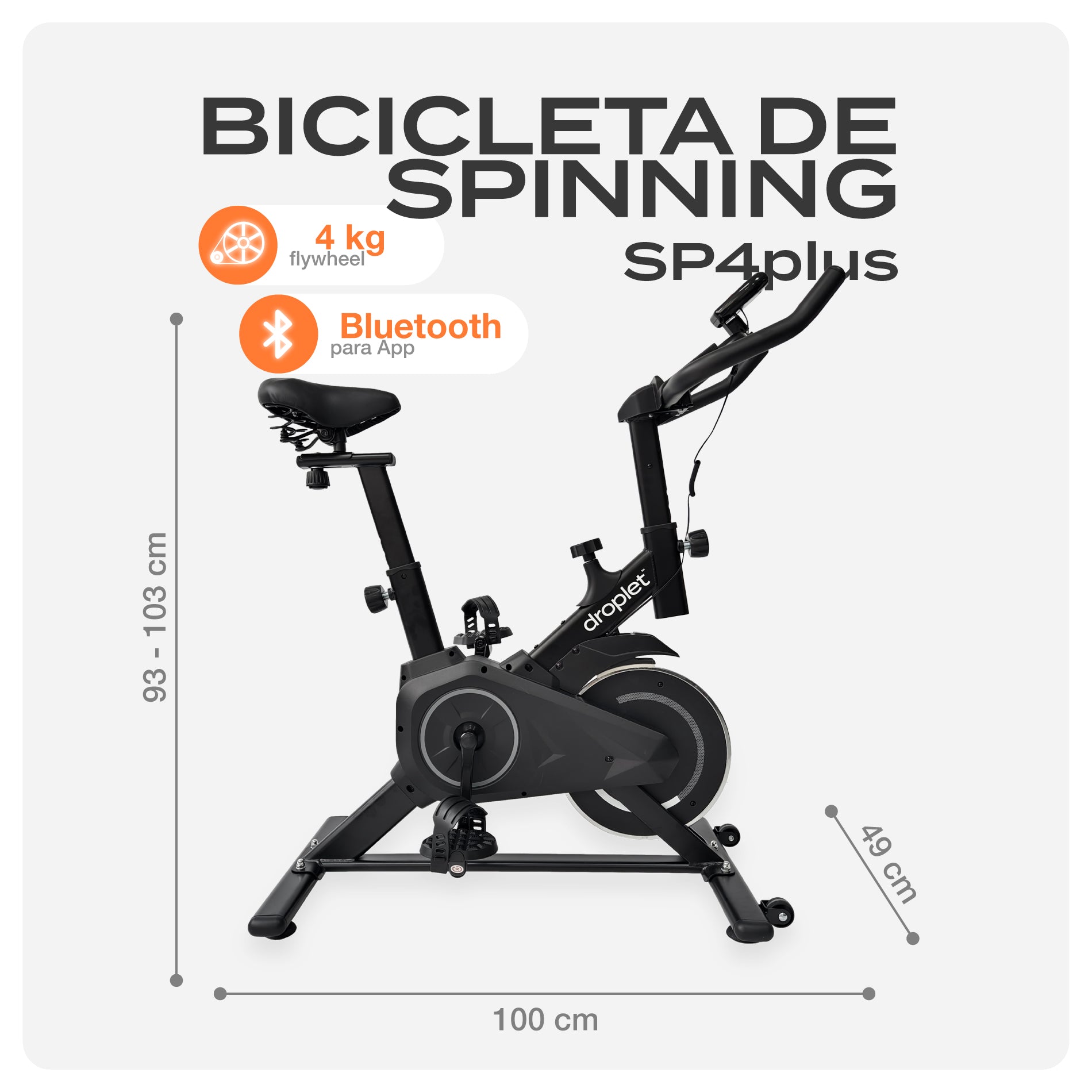 Ficha de dimensiones de bicicleta sp4plus con bluetooth y peso de flywheel.