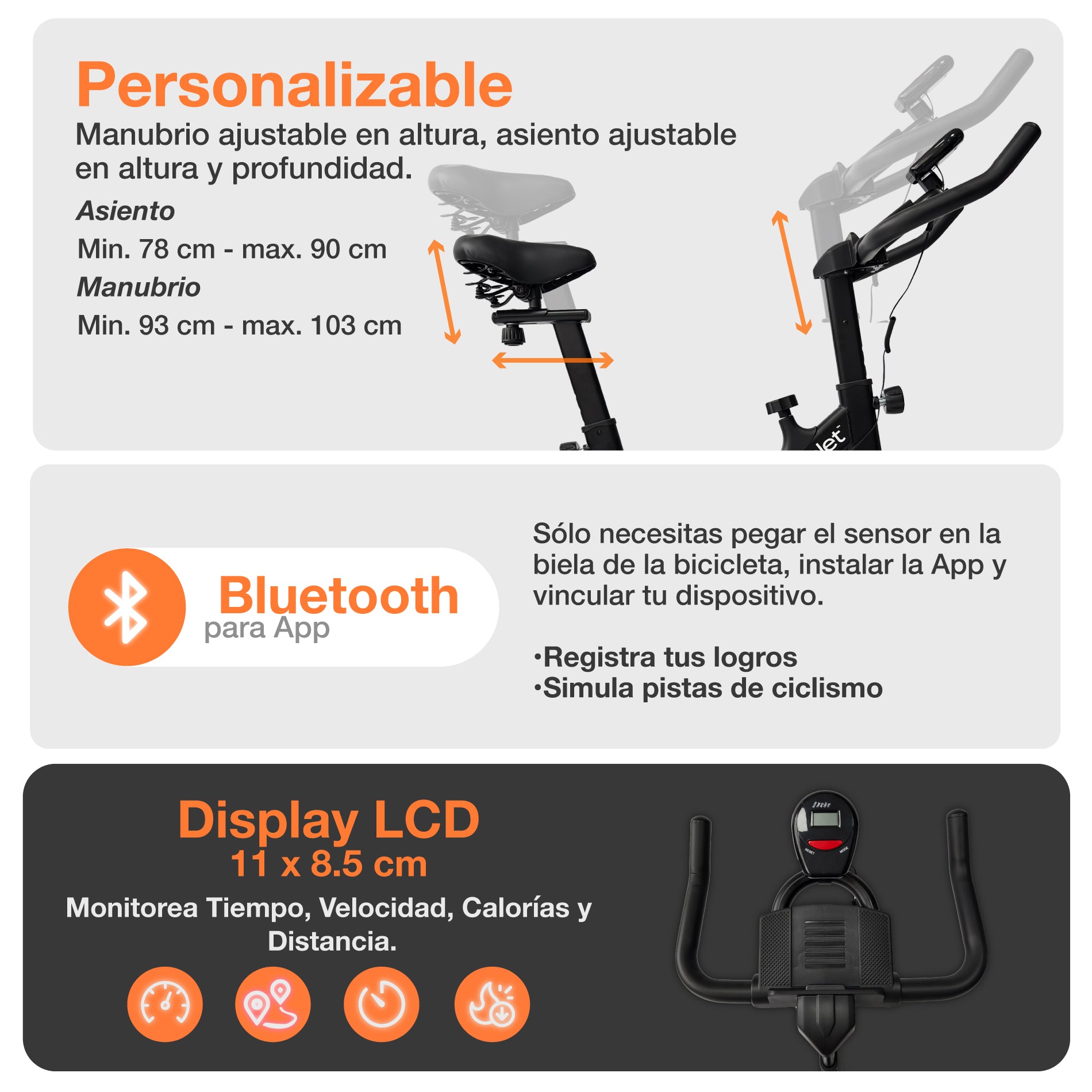 Ficha de bicicleta sp4plus con manubrio y asiento ajustables.